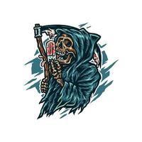 Grim reaper eating ice cream, hand drawn line style with digital color, vector illustration