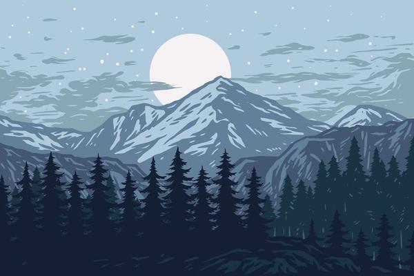 Panorama of Mountains, Evergreen Trees, Landscape Background, hand drawn line style with digital color, vector illustration