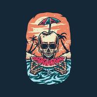 Skeleton eating watermelon, summer beach t shirt graphic design, hand drawn line style with digital color, vector illustration