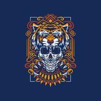 Tiger and skull, hand drawn line with digital color, vector illustration, isolated on dark background