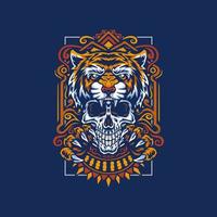 Tiger and skull, hand drawn line with digital color, vector illustration, isolated on dark background