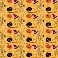Yellow Halloween Pattern With Pumpkin, Spider Web And Hat Vector Illustration In Flat Style