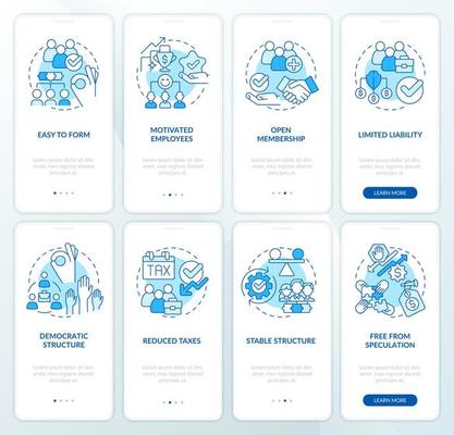 Business cooperatives advantages blue onboarding mobile app screen set. Walkthrough 4 steps graphic instructions pages with linear concepts. UI, UX, GUI template.