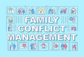 Family conflict management word concepts turquoise banner. Resolve problems. Infographics with icons on color background. Isolated typography. Vector illustration with text.