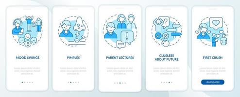 Common problems facing teens blue onboarding mobile app screen. Walkthrough 5 steps editable graphic instructions with linear concepts. UI, UX, GUI template. vector