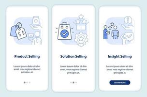 Selling techniques light blue onboarding mobile app screen. Sales walkthrough 3 steps editable graphic instructions with linear concepts. UI, UX, GUI template. vector