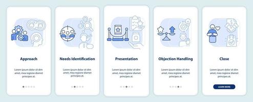 pantalla de aplicación móvil de incorporación de proceso de ventas azul claro. tutorial de negocios 5 pasos instrucciones gráficas editables con conceptos lineales. interfaz de usuario, ux, plantilla de interfaz gráfica de usuario. vector