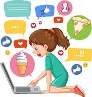 una chica navegando por las redes sociales en una laptop vector