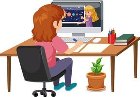 A girl studying online on computer vector