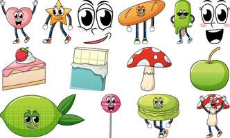 Set of objects and foods cartoon characters vector