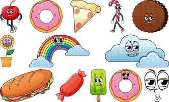 Set of objects and foods cartoon characters vector