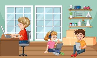 escena en casa con niños usando sus computadoras portátiles vector