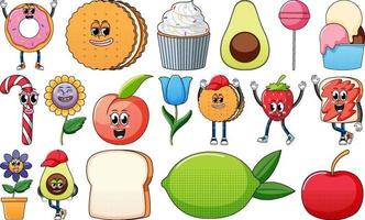 Set of objects and foods cartoon characters vector