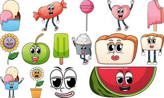 Set of objects and foods cartoon characters vector