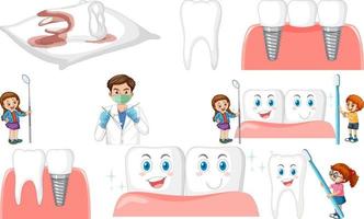 Set of dental equipments and cartoon characters vector