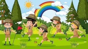 Children camping out forest scene vector