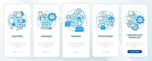 Categories of members blue onboarding mobile app screen. Business walkthrough 5 steps graphic instructions pages with linear concepts. UI, UX, GUI template. vector