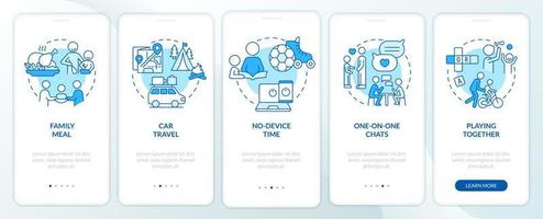 Quality time together blue onboarding mobile app screen. Walkthrough 5 steps graphic instructions pages with linear concepts. UI, UX, GUI template. vector