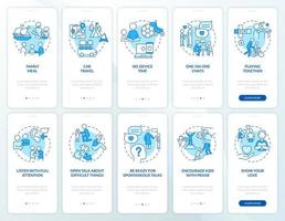 conjunto de pantalla de aplicación móvil de incorporación azul de gestión de relaciones familiares. tutorial 5 pasos páginas de instrucciones gráficas con conceptos lineales. interfaz de usuario, ux, plantilla de interfaz gráfica de usuario. vector