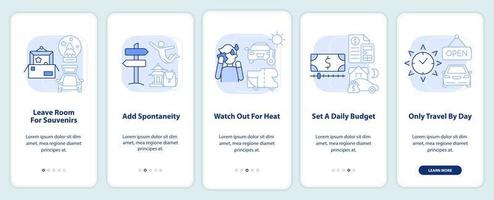 Road trip advices light blue onboarding mobile app screen. Car travel walkthrough 5 steps editable graphic instructions with linear concepts. UI, UX, GUI template. vector