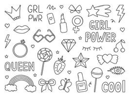 Hand drawn set of Girl power doodle. Feminist elements and girls party in sketch style. Vector illustration