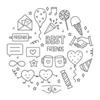 conjunto dibujado a mano de doodle de amistad. día de la amistad y decoración de fiestas en estilo boceto. ilustración vectorial vector