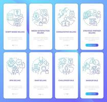 Selling strategies blue gradient onboarding mobile app screen set. Walkthrough 4 steps graphic instructions with linear concepts. UI, UX, GUI template. vector