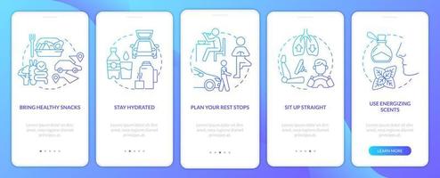 pantalla de la aplicación móvil de incorporación de gradiente azul de hábitos saludables de viaje por carretera. Instrucciones gráficas de 5 pasos para el recorrido del automóvil con conceptos lineales. interfaz de usuario, ux, plantilla de interfaz gráfica de usuario. vector