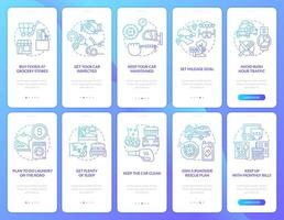 Road trip planning blue gradient onboarding mobile app screen set. Walkthrough 5 steps graphic instructions with linear concepts. UI, UX, GUI template. vector