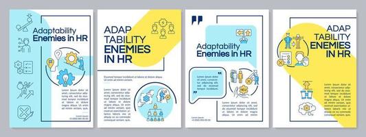 Adaptability enemies in HR blue and yellow brochure template. Problems. Leaflet design with linear icons. Editable 4 vector layouts for presentation, annual reports.