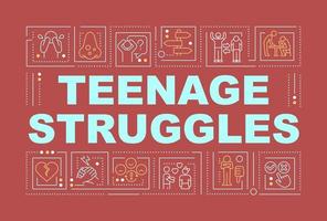 Teenage concerns word concepts red banner. Acne and social issues. Infographics with editable icons on color background. Isolated typography. Vector illustration with text.