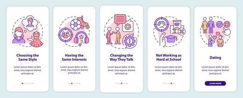 Peer pressure on teens onboarding mobile app screen. Same interests walkthrough 5 steps editable graphic instructions with linear concepts. UI, UX, GUI template. vector