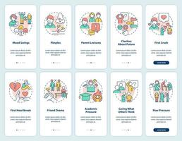 Teenage social and emotional issues onboarding mobile app screen set. Walkthrough 5 steps editable graphic instructions with linear concepts. UI, UX, GUI template. vector