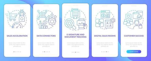 pantalla de la aplicación móvil de incorporación de degradado azul de herramientas de ventas. tutorial de tendencias de marketing instrucciones gráficas de 5 pasos con conceptos lineales. interfaz de usuario, ux, plantilla de interfaz gráfica de usuario. vector