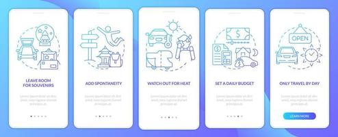 consejos de viaje por carretera pantalla de aplicación móvil de incorporación de gradiente azul. Tutorial de viaje en automóvil Instrucciones gráficas de 5 pasos con conceptos lineales. interfaz de usuario, ux, plantilla de interfaz gráfica de usuario. vector