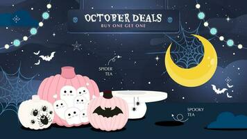 banner de ofertas de alimentos y bebidas de octubre con tema de halloween vector