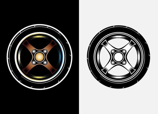 Different color set of car wheels, rubber tyre, car tyre, truck wheel illustration in race style. Racing wheels vector. Black and white isolated background. Eps 10.