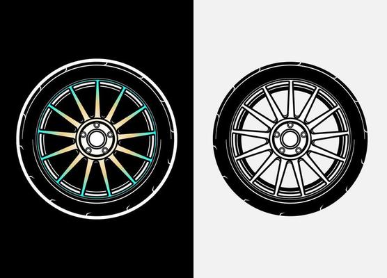 Different color set of car wheels, rubber tyre, car tyre, truck wheel illustration in race style. Racing wheels vector. Black and white isolated background. Eps 10.