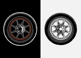 Different color set of car wheels, rubber tyre, car tyre, truck wheel illustration in race style. Racing wheels vector. Black and white isolated background. Eps 10. vector