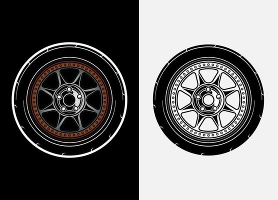Different color set of car wheels, rubber tyre, car tyre, truck wheel illustration in race style. Racing wheels vector. Black and white isolated background. Eps 10.