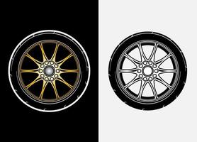 Different color set of car wheels, rubber tyre, car tyre, truck wheel illustration in race style. Racing wheels vector. Black and white isolated background. Eps 10. vector