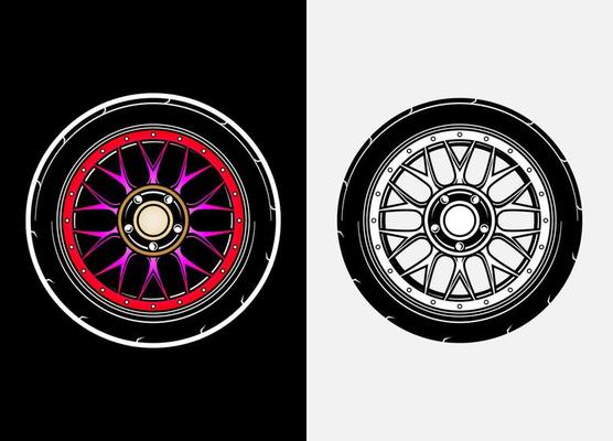 Different color set of car wheels, rubber tyre, car tyre, truck wheel illustration in race style. Racing wheels vector. Black and white isolated background. Eps 10.