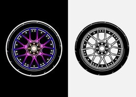 Different color set of car wheels, rubber tyre, car tyre, truck wheel illustration in race style. Racing wheels vector. Black and white isolated background. Eps 10. vector