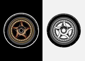 Different color set of car wheels, rubber tyre, car tyre, truck wheel illustration in race style. Racing wheels vector. Black and white isolated background. Eps 10. vector