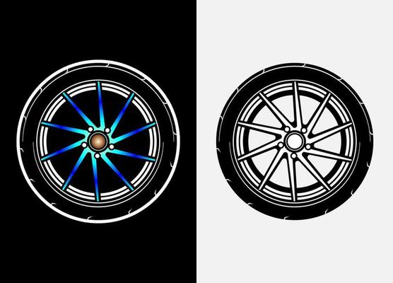 Different color set of car wheels, rubber tyre, car tyre, truck wheel illustration in race style. Racing wheels vector. Black and white isolated background. Eps 10.