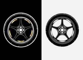 Different color set of car wheels, rubber tyre, car tyre, truck wheel illustration in race style. Racing wheels vector. Black and white isolated background. Eps 10. vector