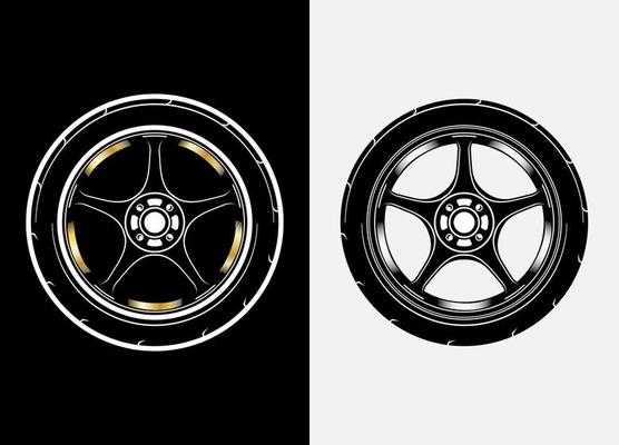 Different color set of car wheels, rubber tyre, car tyre, truck wheel illustration in race style. Racing wheels vector. Black and white isolated background. Eps 10.