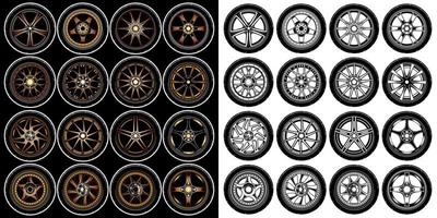 Set of gold gradient color of car wheel, rubber tyre, truck wheel element illustration. 3D illustration of rims car collections. Vector eps 10.