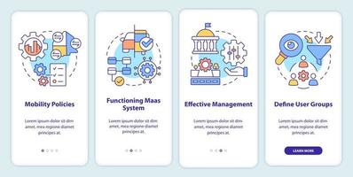 Componentes de introducción de maas que incorporan la pantalla de la aplicación móvil. tutorial de datos 4 pasos instrucciones gráficas editables con conceptos lineales. interfaz de usuario, ux, plantilla de interfaz gráfica de usuario. vector