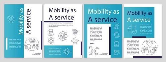 Mobility as service for passengers blue brochure template. Leaflet design with linear icons. Editable 4 vector layouts for presentation, annual reports.